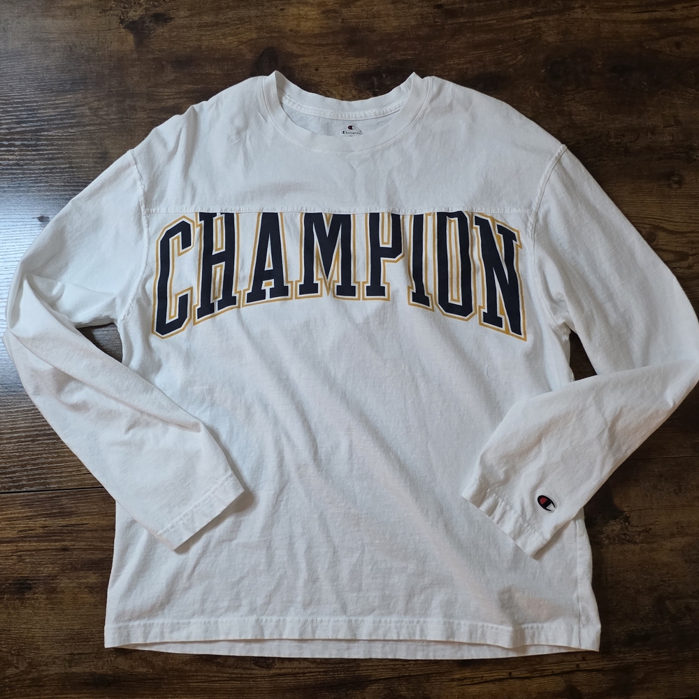 Champion White Long Sleeve Shirt with Black and Gold Lettering